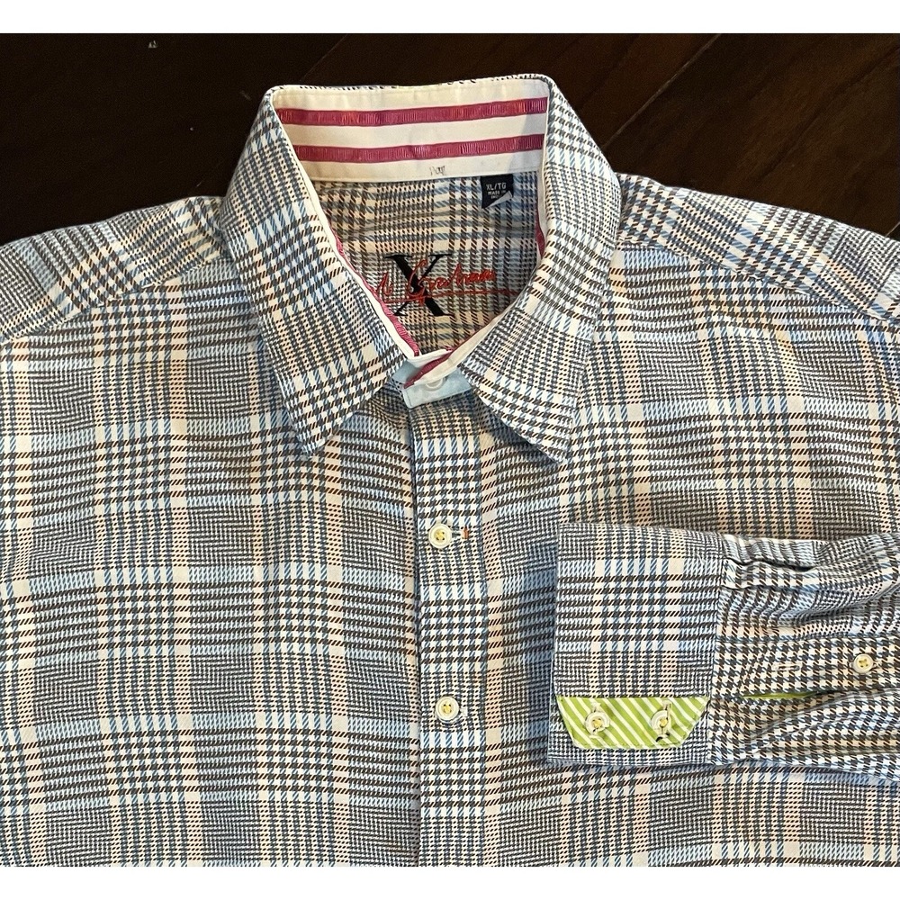 Robert Graham Shirt Men XL Blue Brown Glen Plaid L/S Preppy Office Designer
